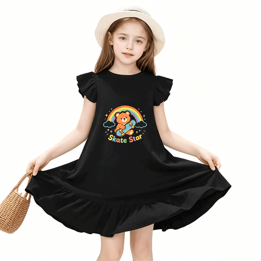 "Skate Star" Graphic Flutter Sleeve Dress, Soft Cotton Outfit for Girls Daily & Party