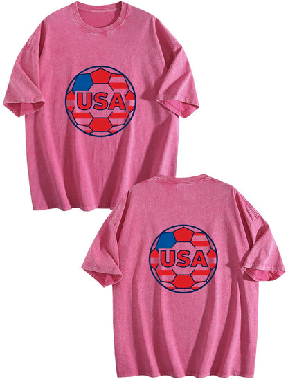 230g Pure Cotton Double-sided Print Adult's World Cup USA Graphic Washed T-Shirt, Casual Cotton Tee for Daily Wear