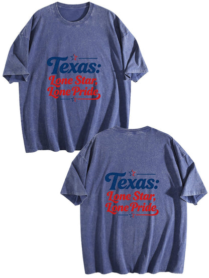 230g Pure Cotton Double-sided Print Adult's USA 250th. Texas Pride Graphic Washed T-Shirt, Casual Cotton Tee for Daily Wear