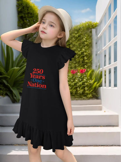 America 250th. Graphic Flutter Sleeve Dress, Soft Cotton Outfit for Girls Daily & Party