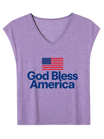 V-neck Sleeveless T-Shirt, Women's USA 250th.  "God Bless America" Graphic T-Shirt, USA Casual Cotton Tee