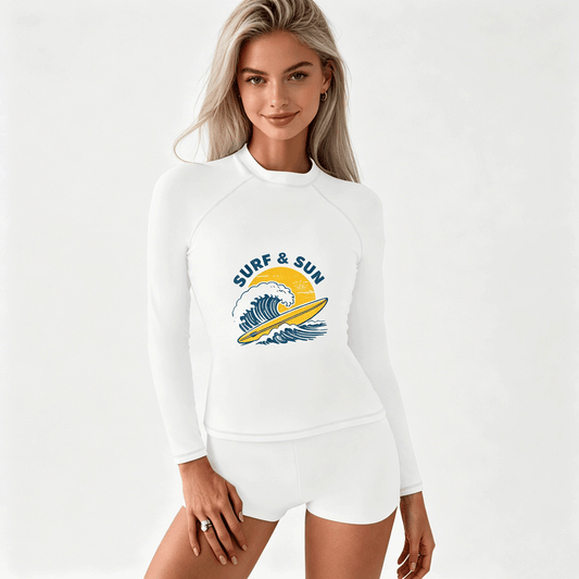 Printed Surf Wear Set, "Surf & Sun". Graphic Customize Comfort Stretchy Bathing Suit for Ladies Outdoor Water Sports