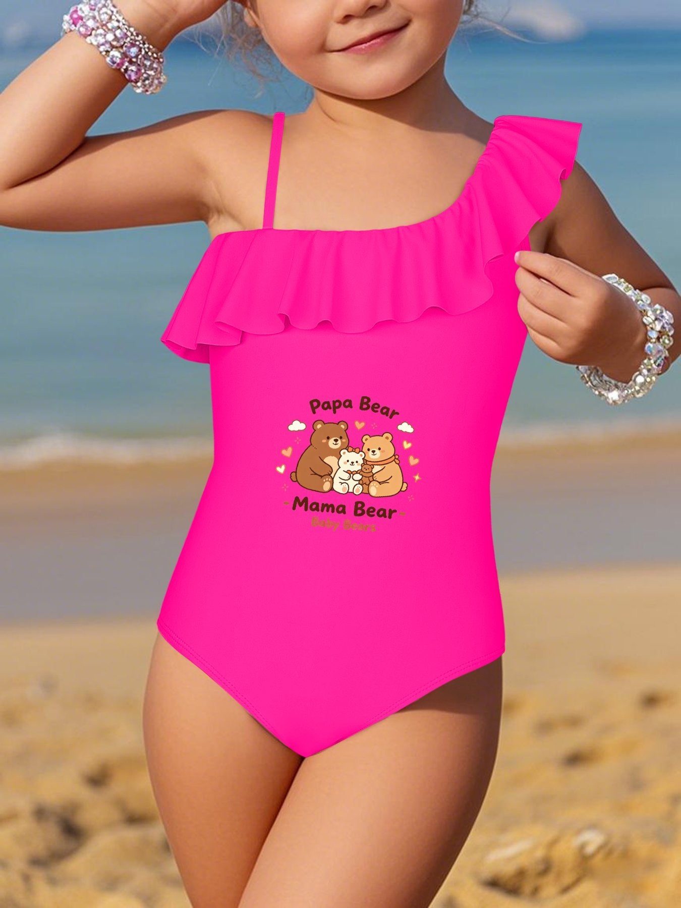 "Family Bear" Printed Ruffled One Piece Swimsuit, Cute Summer Bathing Suit for Girls Beach Pool Party