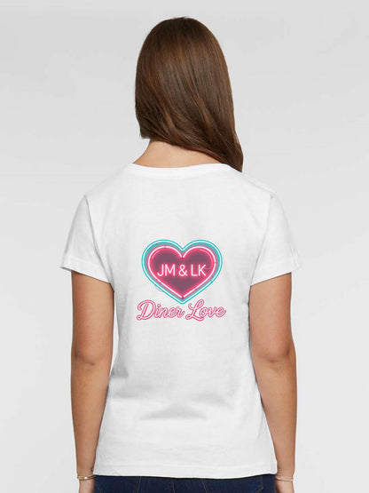 Pure Cotton V-neck Women's "Diner Love" Graphic T-Shirt, USA Casual Cotton Tee