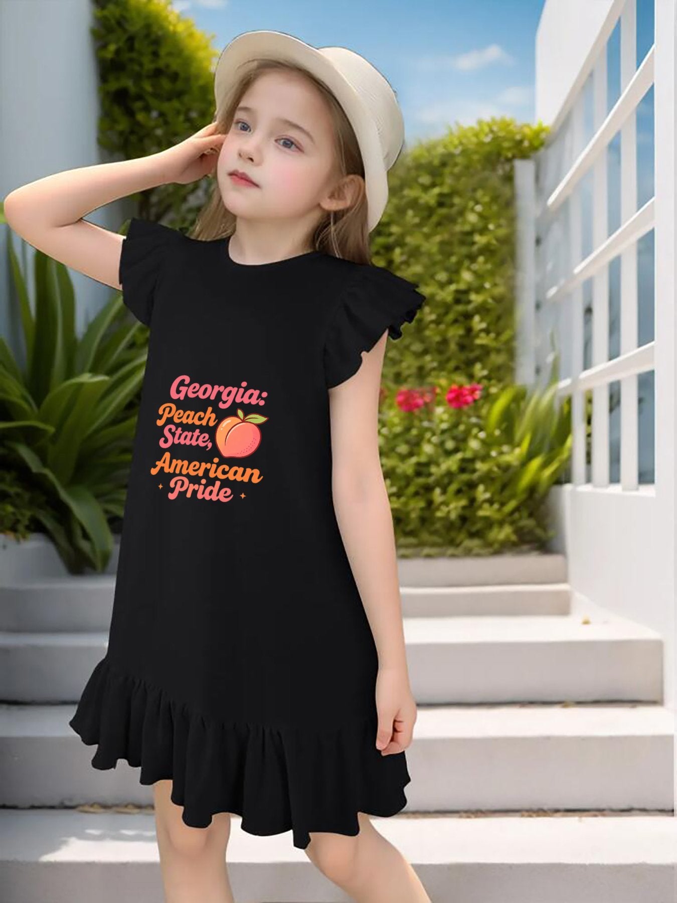 USA 250th. State Pride Graphic Flutter Sleeve Dress, Soft Cotton Outfit for Girls Daily & Party