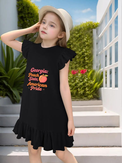 USA 250th. State Pride Graphic Flutter Sleeve Dress, Soft Cotton Outfit for Girls Daily & Party