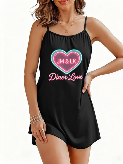 Personalized Print Women Sling Pajama Breathable Soft Sleep Set, Cami Sleepwear Elegant Ladies Home Night Clothes