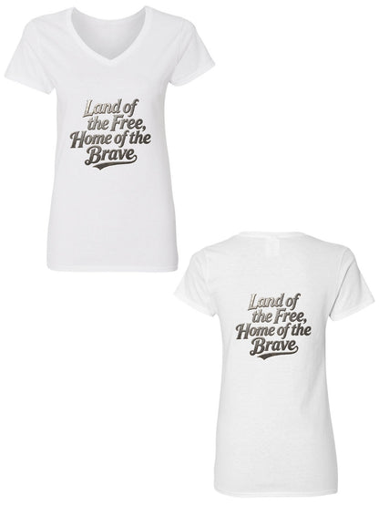 Pure Cotton V-neck Women's USA 250th. "Land of Free. Home of Brave" Graphic T-Shirt, USA Casual Cotton Tee