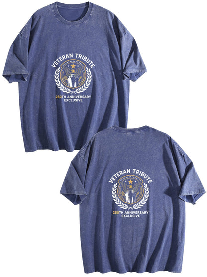 230g Pure Cotton Double-sided Print Adult's Patritic "Veteran Tribute" Graphic Washed T-Shirt, Casual Cotton Tee for Daily Wear