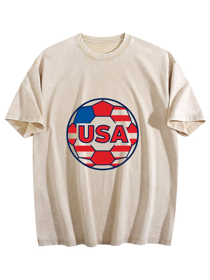 230g Pure Cotton Double-sided Print Adult's World Cup USA Graphic Washed T-Shirt, Casual Cotton Tee for Daily Wear
