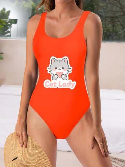 Unique "Cat Lady" Graphic One Piece Swimsuit, Trendy Outfit for Beach Pool & Vacation