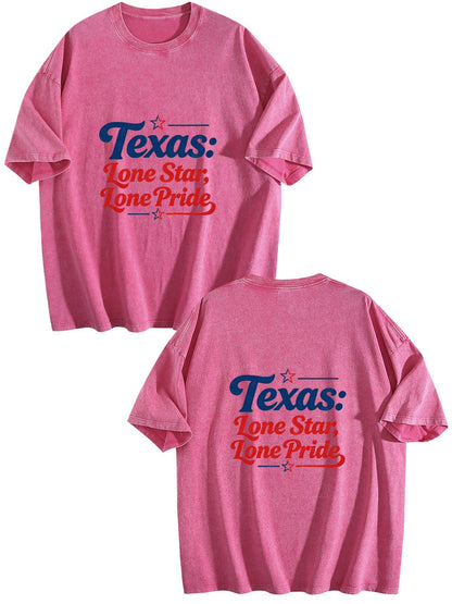 230g Pure Cotton Double-sided Print Adult's USA 250th. Texas Pride Graphic Washed T-Shirt, Casual Cotton Tee for Daily Wear