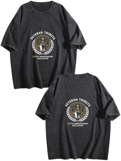 230g Pure Cotton Double-sided Print Adult's Patritic "Veteran Tribute" Graphic Washed T-Shirt, Casual Cotton Tee for Daily Wear