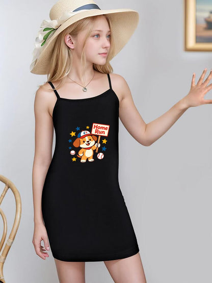 Cute Graphic Spaghetti Strap Dress, Soft Fabric Summer Outfit for Little Girls