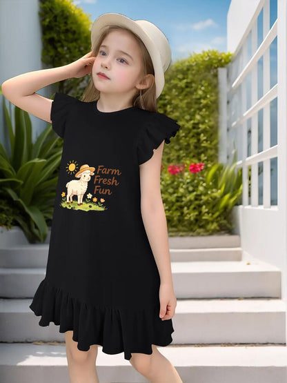 Cute "Farm Fresh Fun" Graphic Flutter Sleeve Dress, Soft Cotton Outfit for Girls Daily & Party