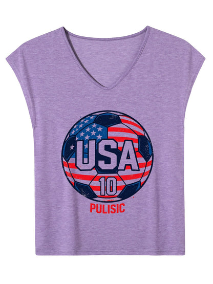 V-neck Sleeveless T-Shirt, Women's World Cup USA Soccer Graphic T-Shirt, USA Casual Cotton Tee