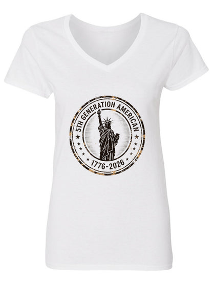 Pure Cotton V-neck Women's USA 250th. Family Legacy "5th. Generation " Graphic T-Shirt, USA Casual Cotton Tee