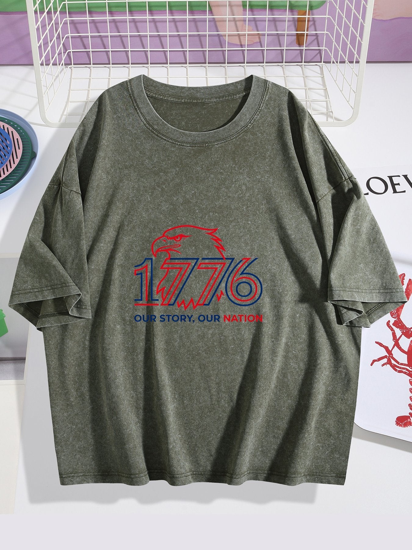 230g Pure Cotton Double-sided Print Adult's USA 250th "1776" Graphic Washed T-Shirt, Casual Cotton Tee for Daily Wear