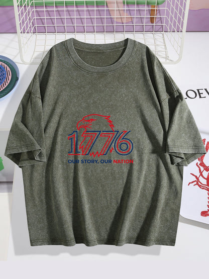 230g Pure Cotton Double-sided Print Adult's USA 250th "1776" Graphic Washed T-Shirt, Casual Cotton Tee for Daily Wear