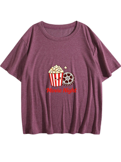 180g Women's "Movie Tonight" Graphic T-Shirt, Casual Cotton Tee for Daily Wear