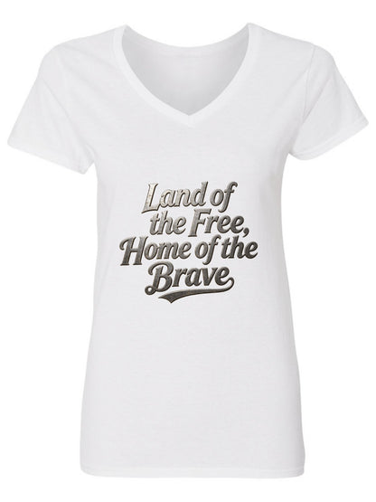 Pure Cotton V-neck Women's USA 250th. "Land of Free. Home of Brave" Graphic T-Shirt, USA Casual Cotton Tee
