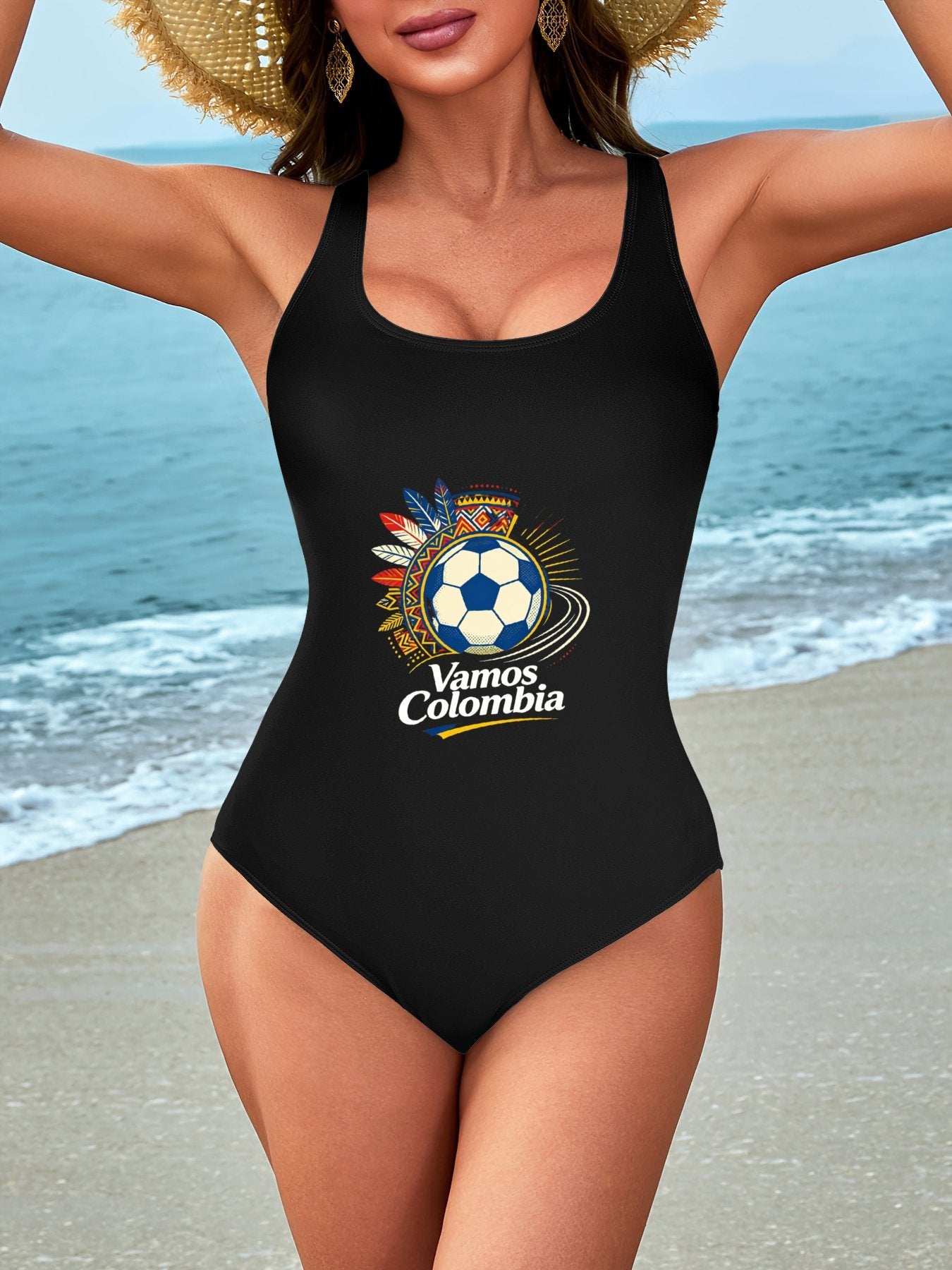 Unique Wold Cup 2026 "Vamos Colombia" Graphic One Piece Swimsuit, Trendy Outfit for Beach Pool & Vacation