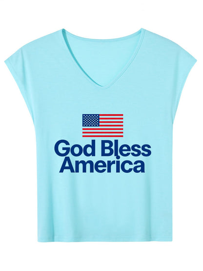 V-neck Sleeveless T-Shirt, Women's USA 250th.  "God Bless America" Graphic T-Shirt, USA Casual Cotton Tee