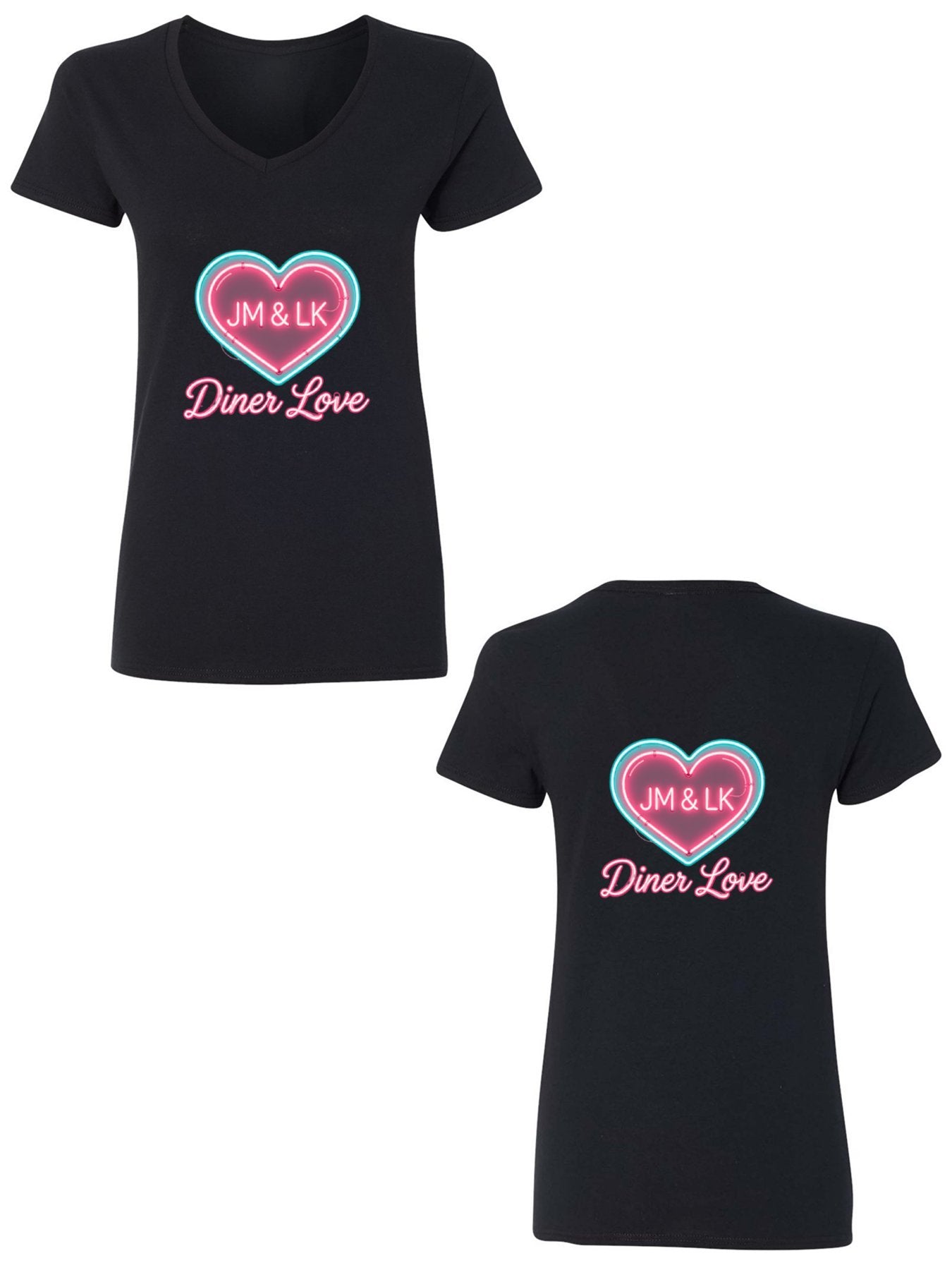 Pure Cotton V-neck Women's "Diner Love" Graphic T-Shirt, USA Casual Cotton Tee