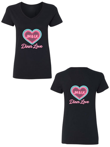 Pure Cotton V-neck Women's "Diner Love" Graphic T-Shirt, USA Casual Cotton Tee