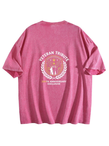 230g Pure Cotton Double-sided Print Adult's Patritic "Veteran Tribute" Graphic Washed T-Shirt, Casual Cotton Tee for Daily Wear