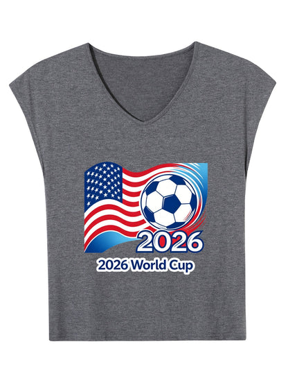 V-neck Sleeveless T-Shirt, Women's World Cup 2026 USA Soccer Graphic T-Shirt, USA Casual Cotton Tee