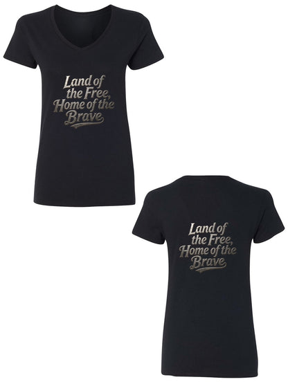 Pure Cotton V-neck Women's USA 250th. "Land of Free. Home of Brave" Graphic T-Shirt, USA Casual Cotton Tee