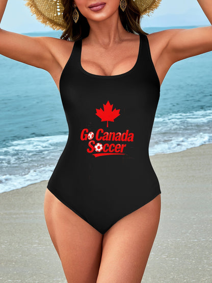 Unique World Cup 2026 Canada Soccer Graphic One Piece Swimsuit, Trendy Outfit for Beach Pool & Vacation