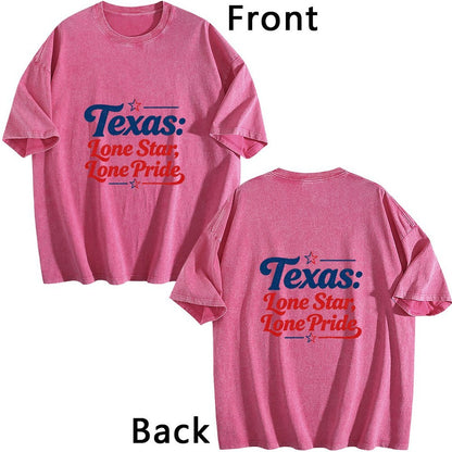 230g Pure Cotton Double-sided Print Adult's USA 250th. Texas Pride Graphic Washed T-Shirt, Casual Cotton Tee for Daily Wear