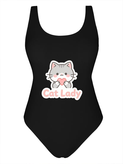 Unique "Cat Lady" Graphic One Piece Swimsuit, Trendy Outfit for Beach Pool & Vacation