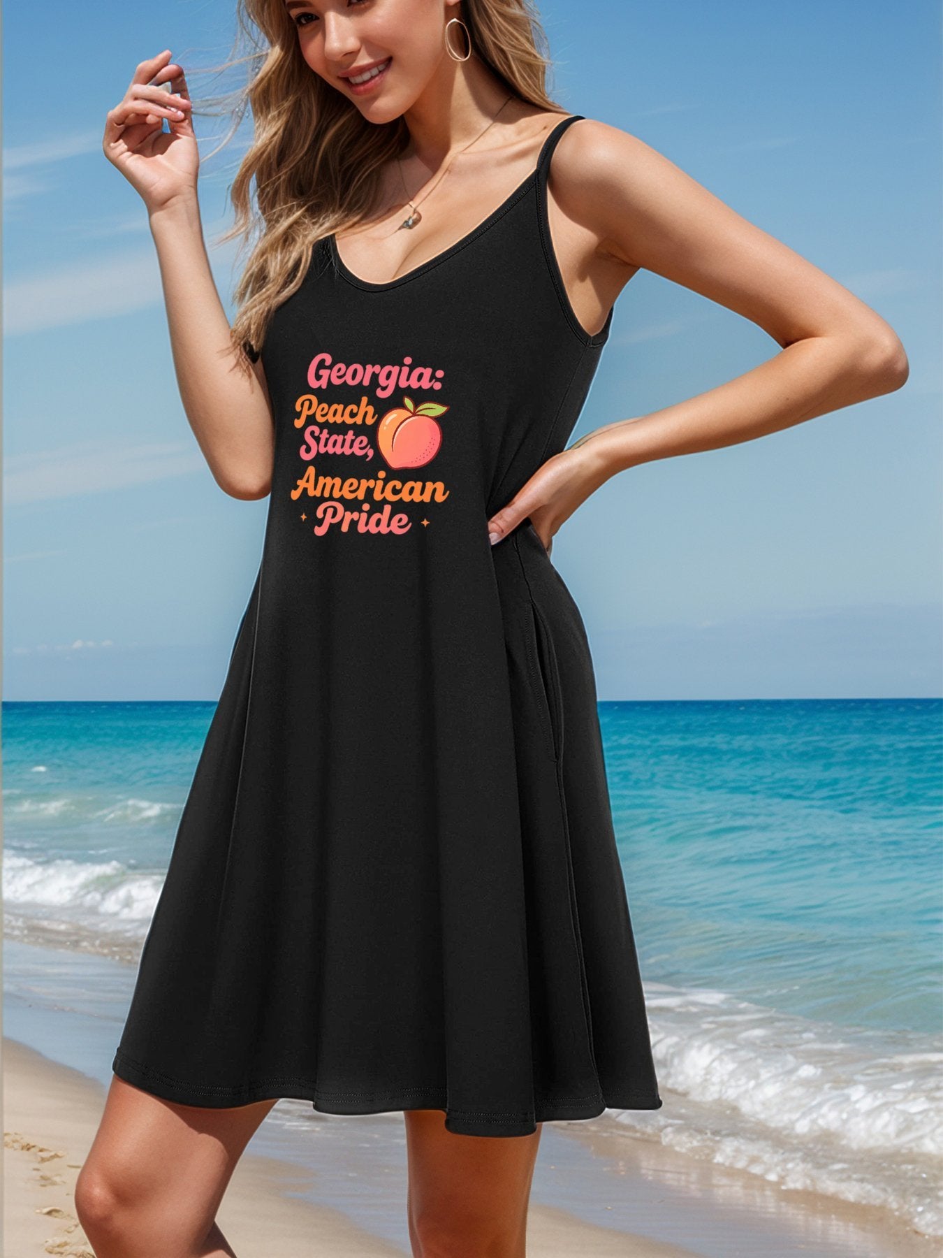 Women's Graphic Strap Dress, Casual Sleeveless Summer Dress with USA 250th. State Pride Graphic Printed