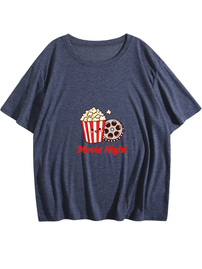 180g Women's "Movie Tonight" Graphic T-Shirt, Casual Cotton Tee for Daily Wear