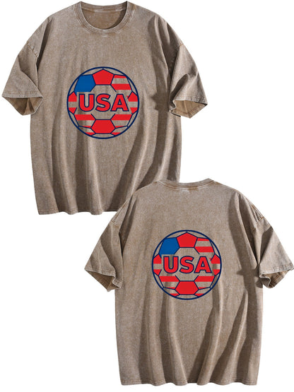 230g Pure Cotton Double-sided Print Adult's World Cup USA Graphic Washed T-Shirt, Casual Cotton Tee for Daily Wear