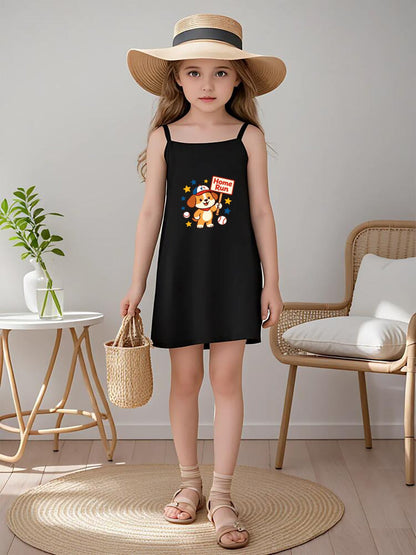 Cute Graphic Spaghetti Strap Dress, Soft Fabric Summer Outfit for Little Girls