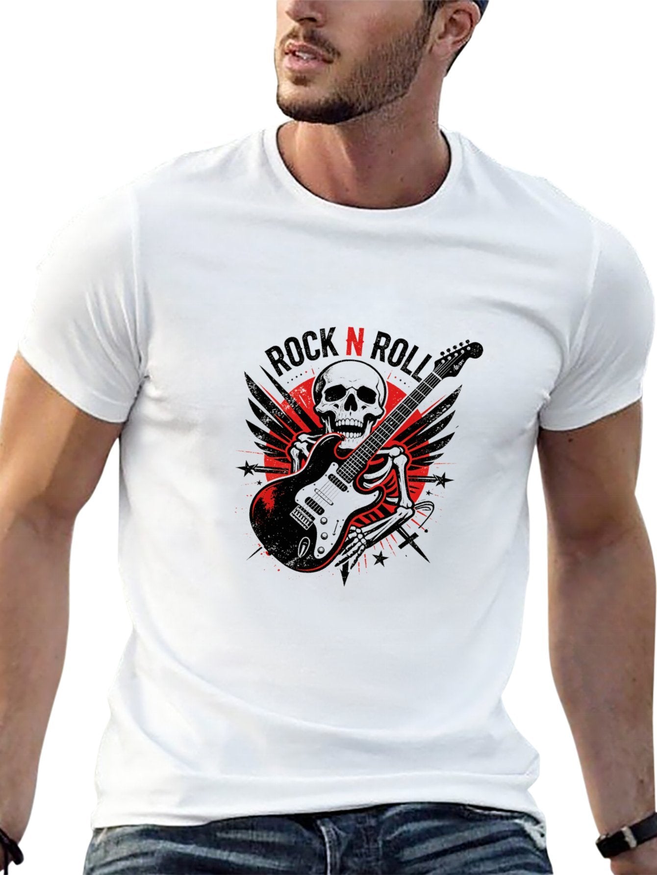 180g Pure Cotton Men's and Women's  "ROCK N ROLL" Graphic T-Shirt, USA Casual Cotton Tee