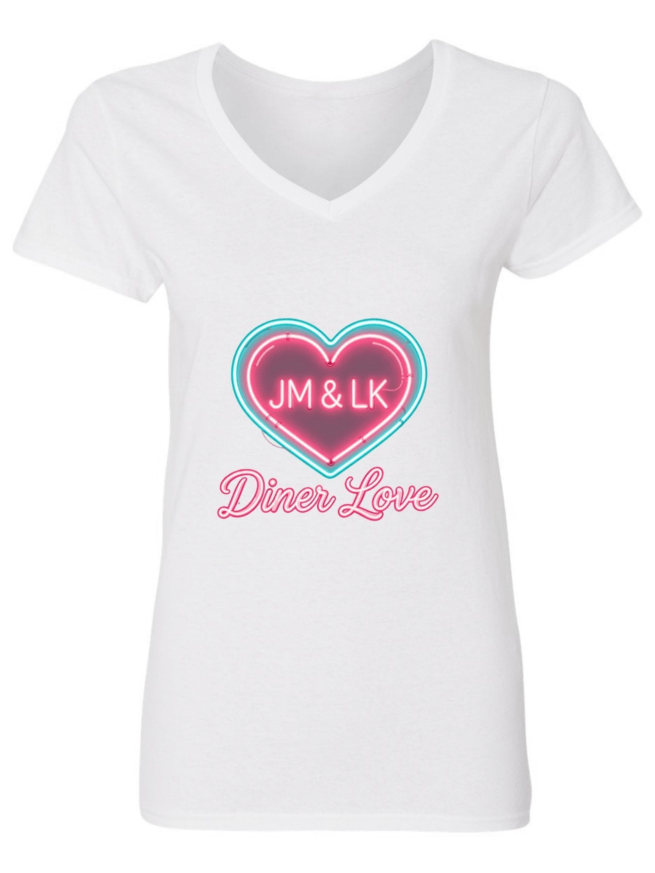 Pure Cotton V-neck Women's "Diner Love" Graphic T-Shirt, USA Casual Cotton Tee