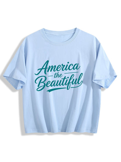 180g Pure Cotton Women's USA 250th. "America the Beautiful" Graphic T-Shirt,  Casual Cotton Tee for Daily Wear