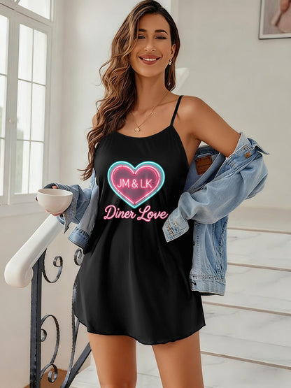 Personalized Print Women Sling Pajama Breathable Soft Sleep Set, Cami Sleepwear Elegant Ladies Home Night Clothes