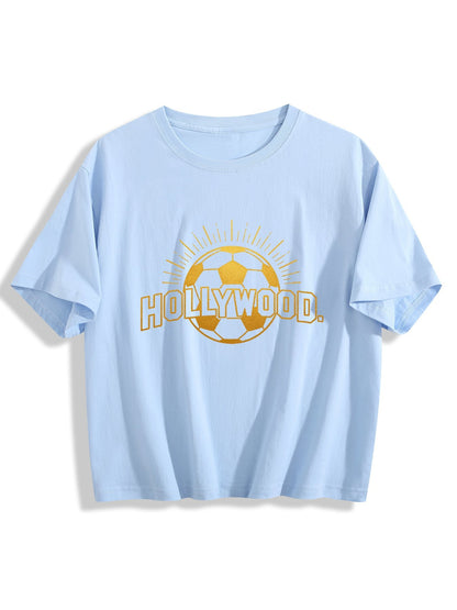 180g Pure Cotton Women's World Cup City "HollyWood" Graphic T-Shirt,  Casual Cotton Tee for Daily Wear