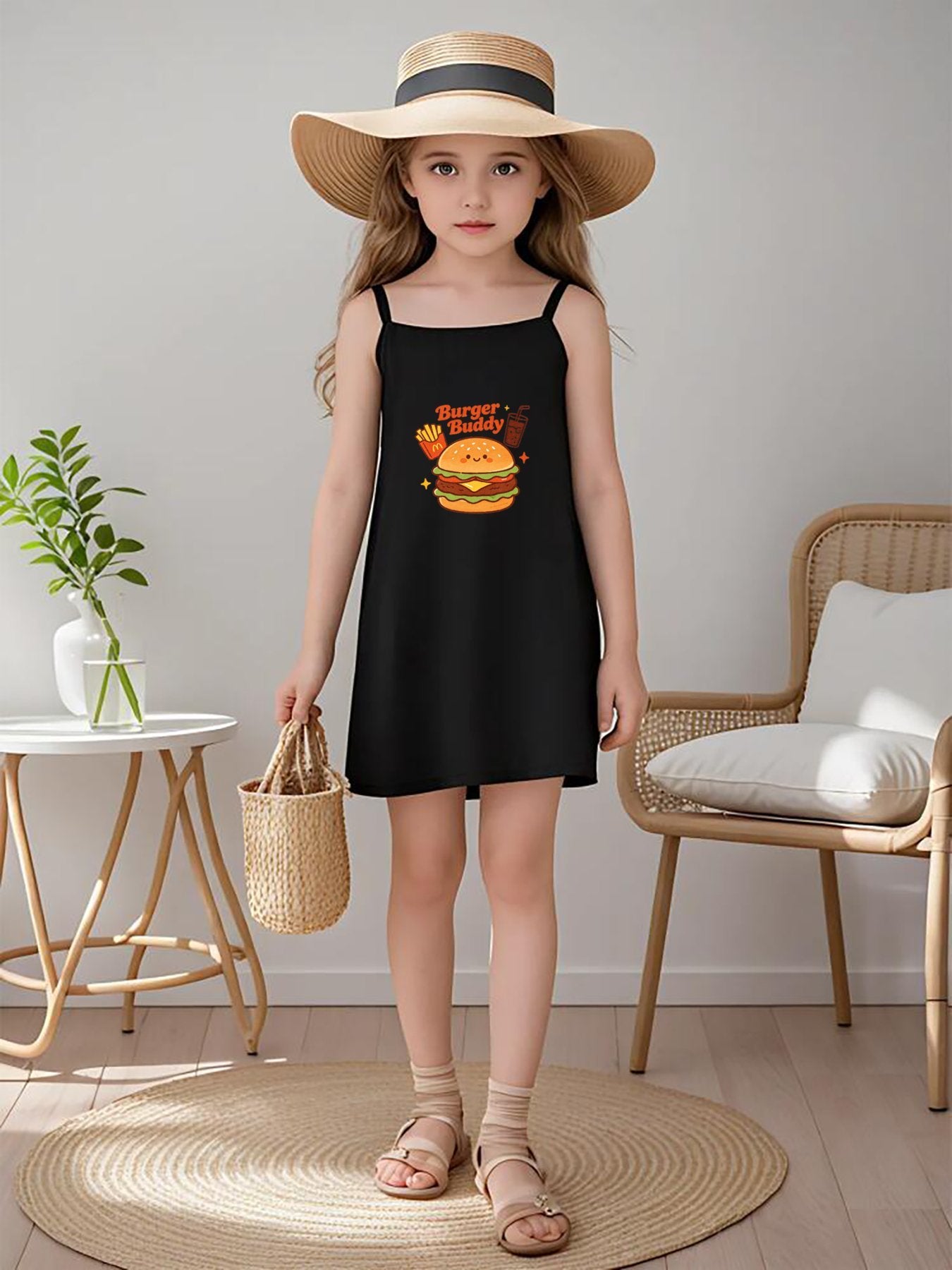 Cute Graphic Spaghetti Strap Dress, Soft Fabric Summer Outfit for Little Girls