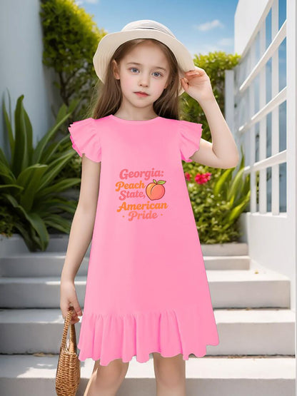 USA 250th. State Pride Graphic Flutter Sleeve Dress, Soft Cotton Outfit for Girls Daily & Party