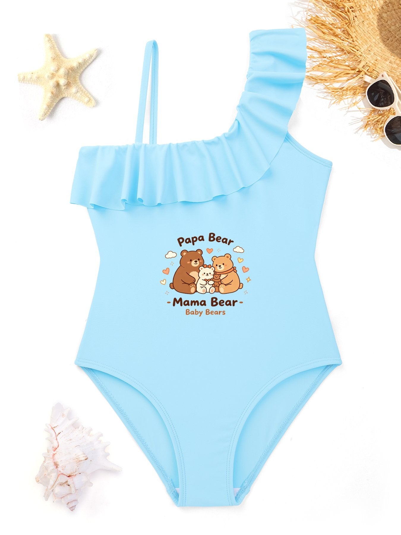 "Family Bear" Printed Ruffled One Piece Swimsuit, Cute Summer Bathing Suit for Girls Beach Pool Party