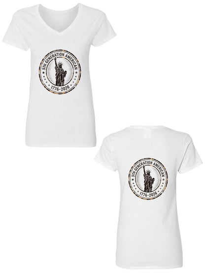 Pure Cotton V-neck Women's USA 250th. Family Legacy "5th. Generation " Graphic T-Shirt, USA Casual Cotton Tee