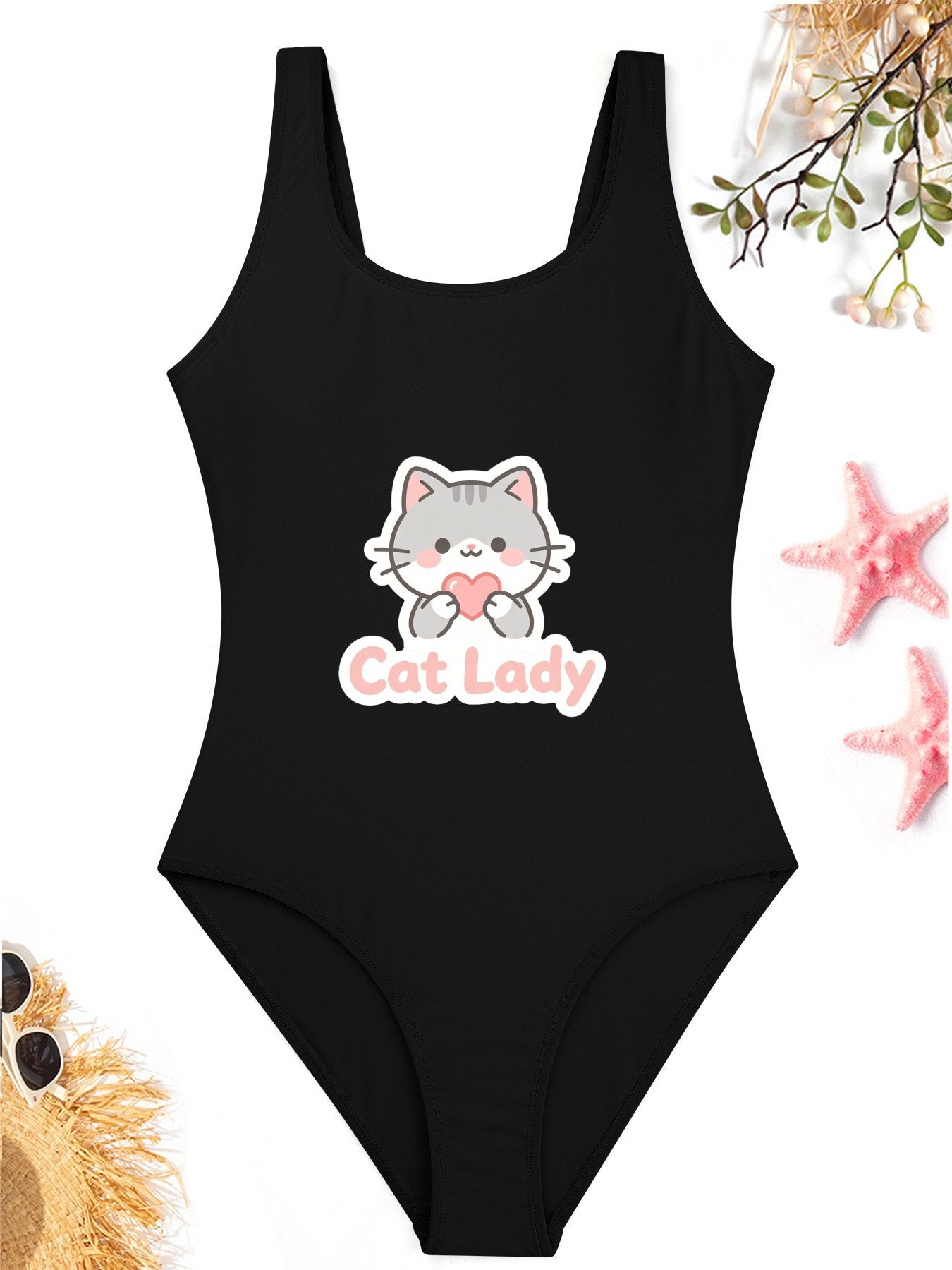 Unique "Cat Lady" Graphic One Piece Swimsuit, Trendy Outfit for Beach Pool & Vacation