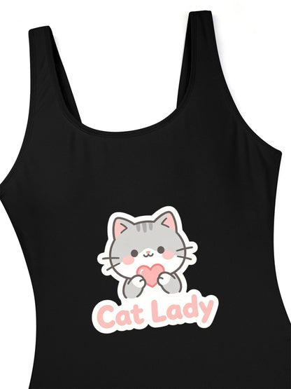 Unique "Cat Lady" Graphic One Piece Swimsuit, Trendy Outfit for Beach Pool & Vacation